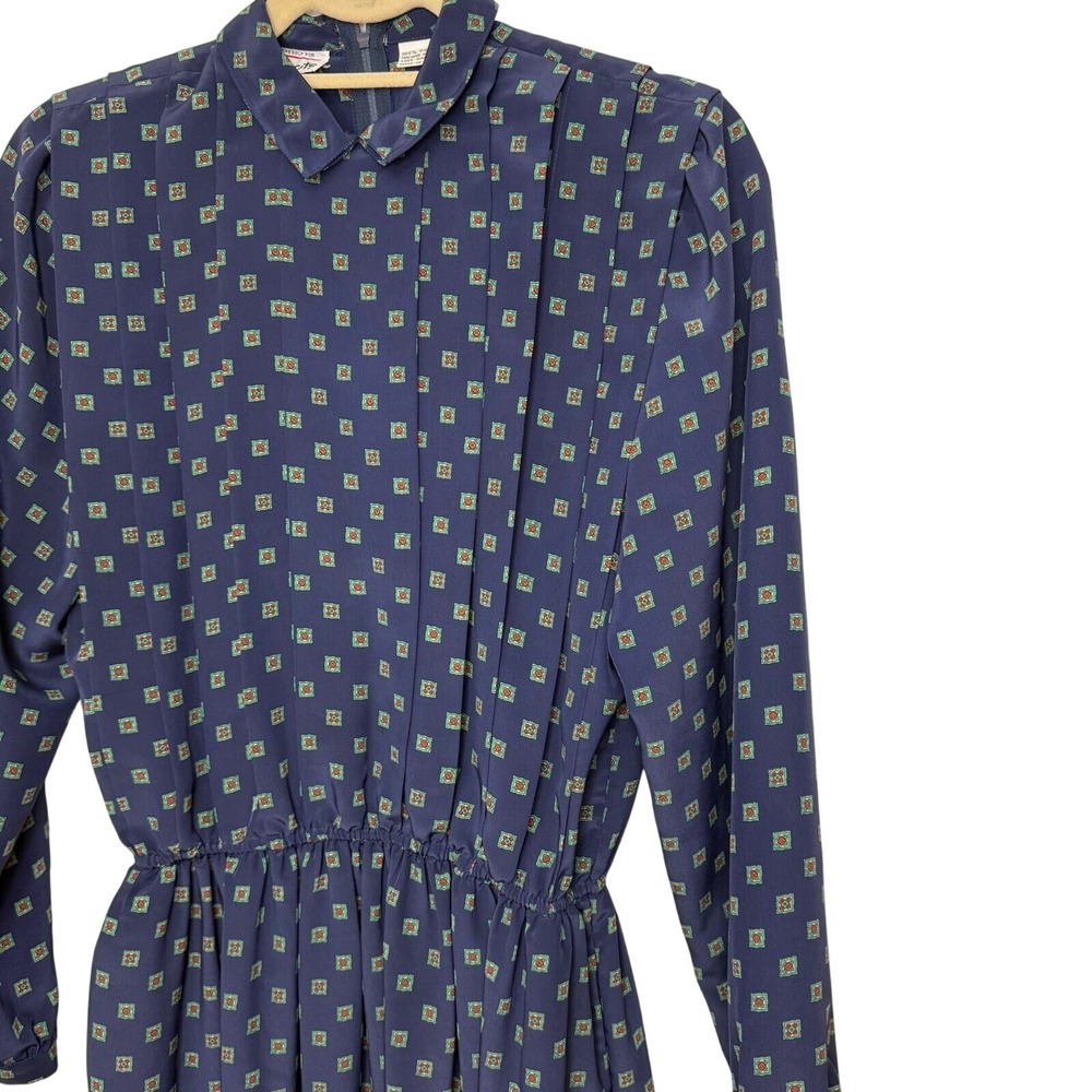 Talbots Vintage Dress Long Sleeve Collared Pleated Geometric Print‎ Navy Blue 6